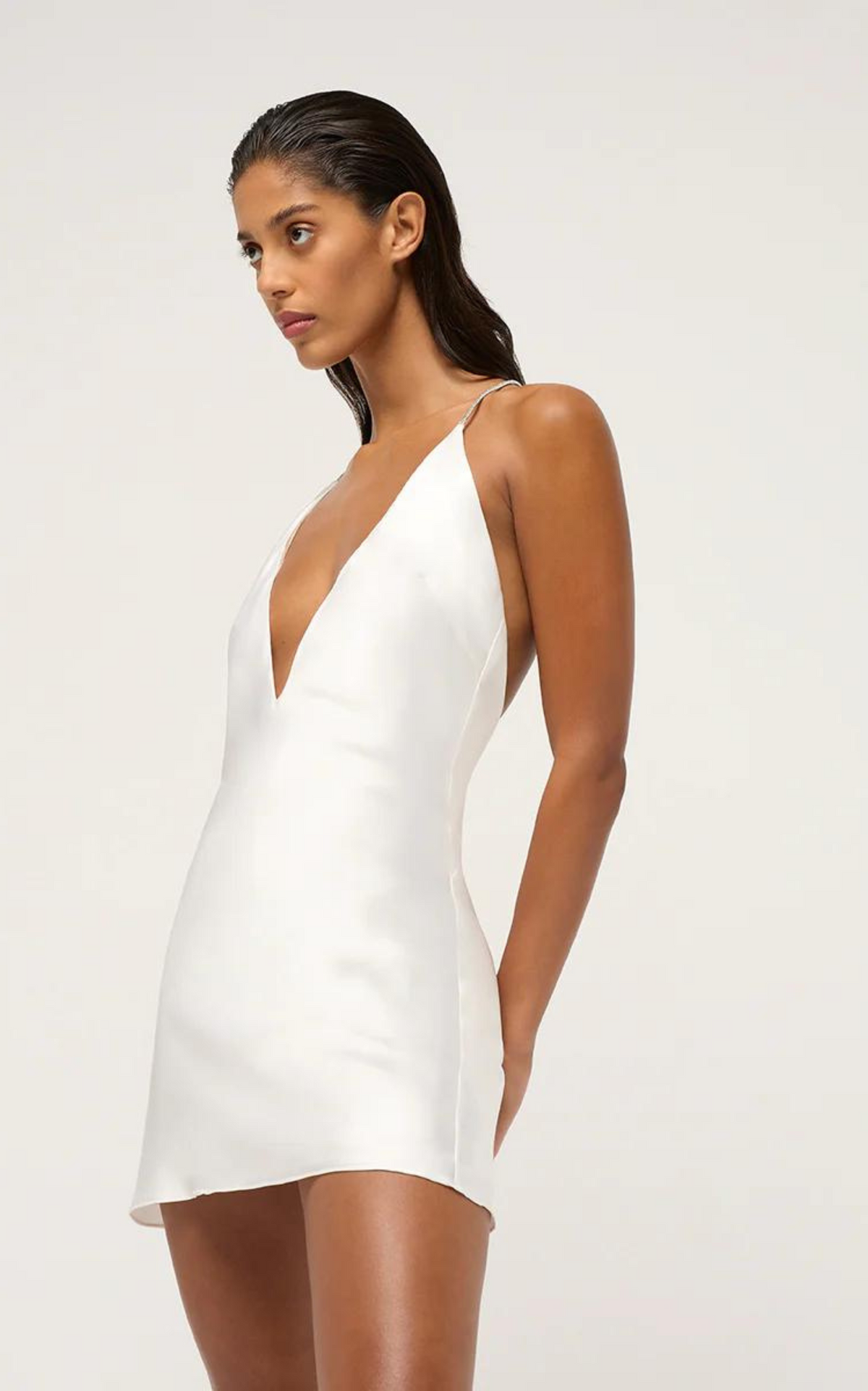 Deep V Bias Mini Dress White