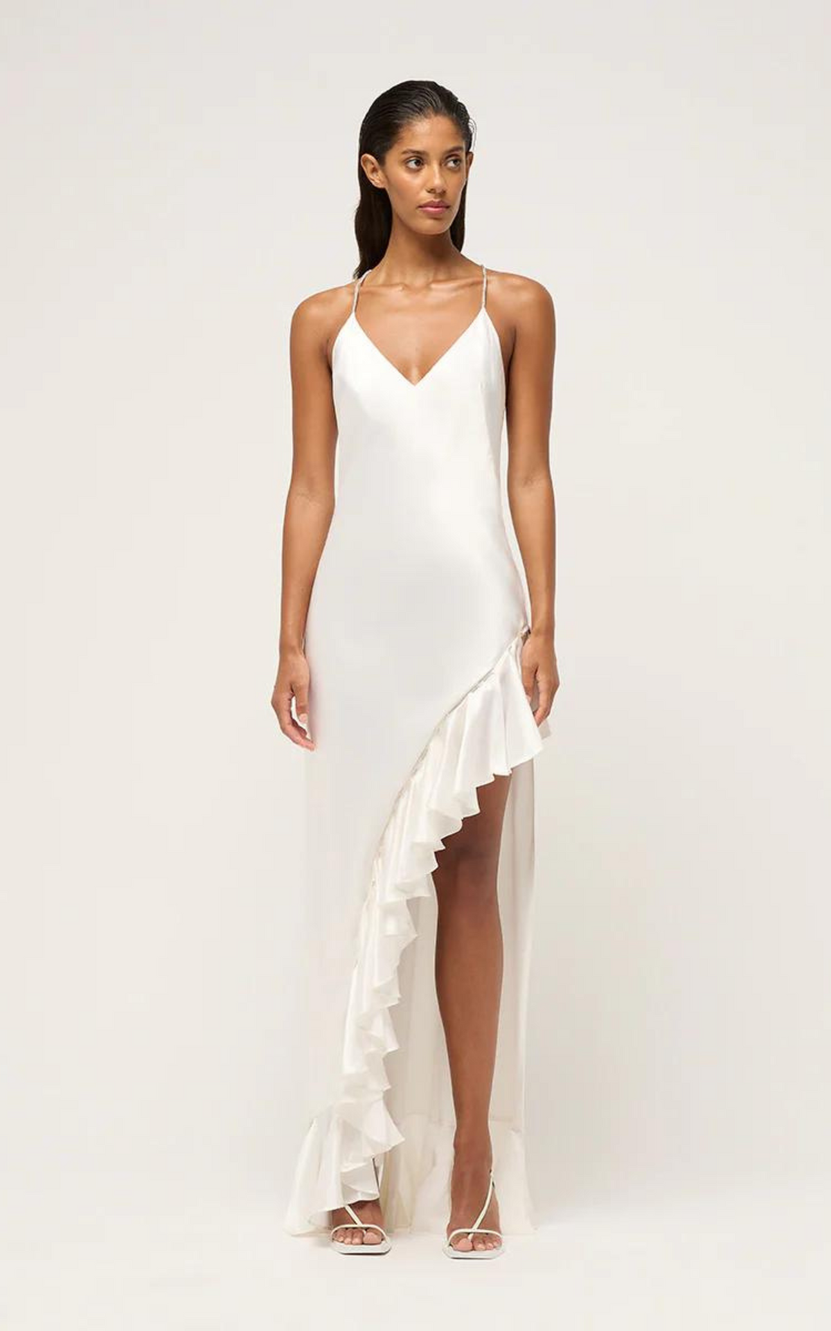 Ruffled Crystalline Drape Dress White