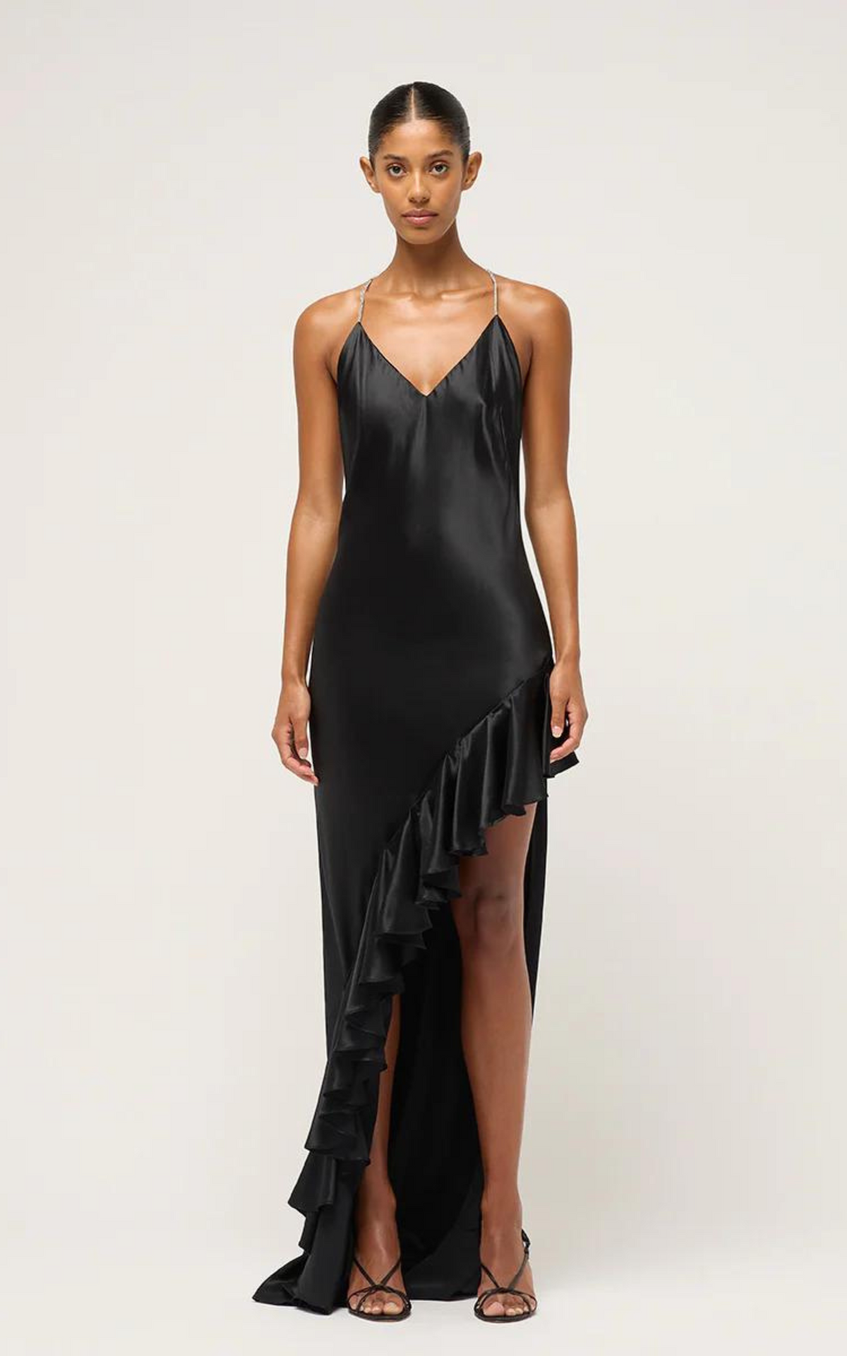 Ruffled Crystalline Drape Dress Black