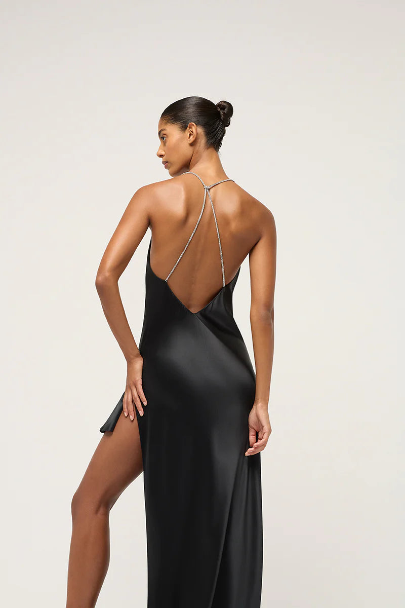 Ruffled Crystalline Drape Dress Black