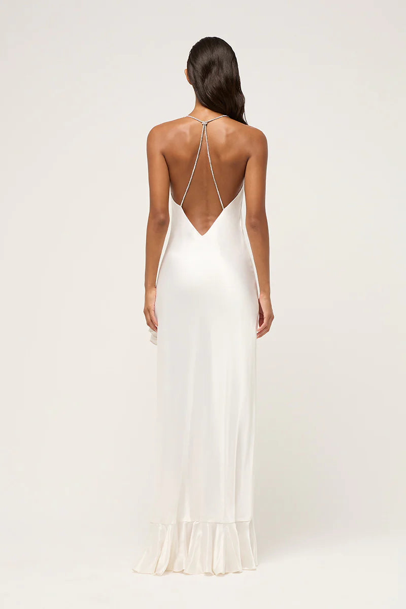 Ruffled Crystalline Drape Dress White