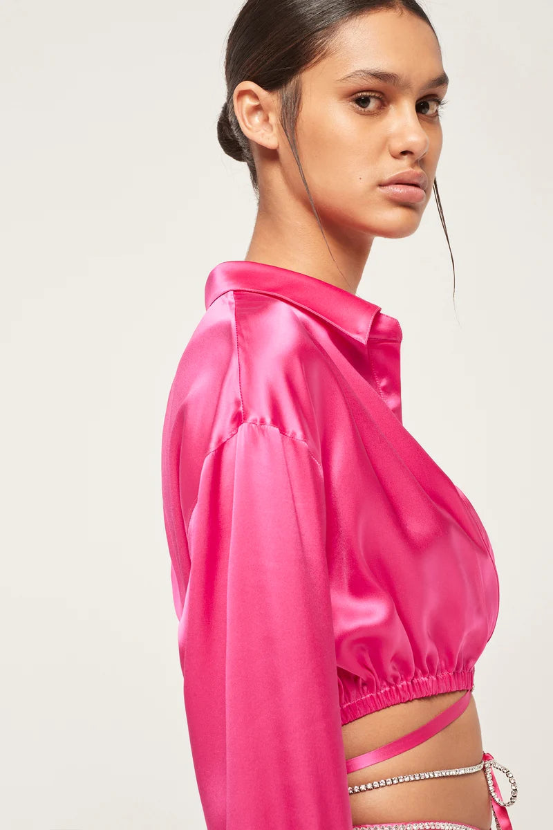 Crystalline Crop Wrap Silk Shirt Pink
