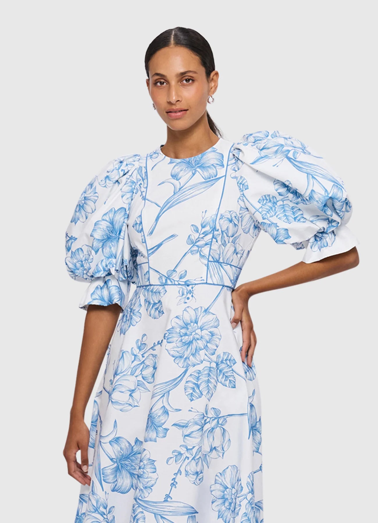 Maxima Puff Sleeve Midi Dress Harmony Print Porcelain