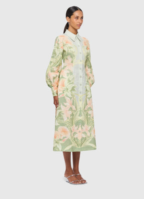 Cecilia Linen Midi Dress Orient Print Evergreen