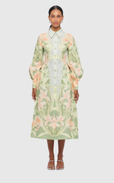 Cecilia Linen Midi Dress Orient Print Evergreen