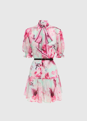 Agnes Tie Neck Mini Dress Camellia Print Fuchsia