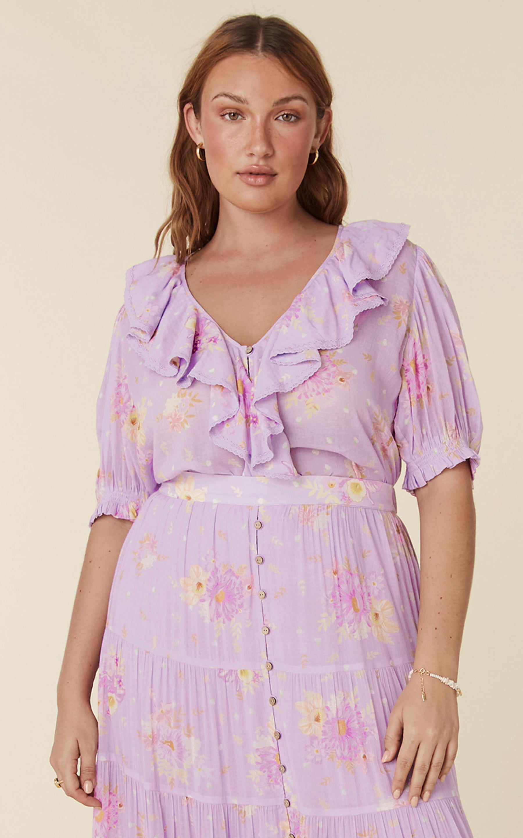 Lei Lei Short Sleeve Frill Blouse Lavender Floral