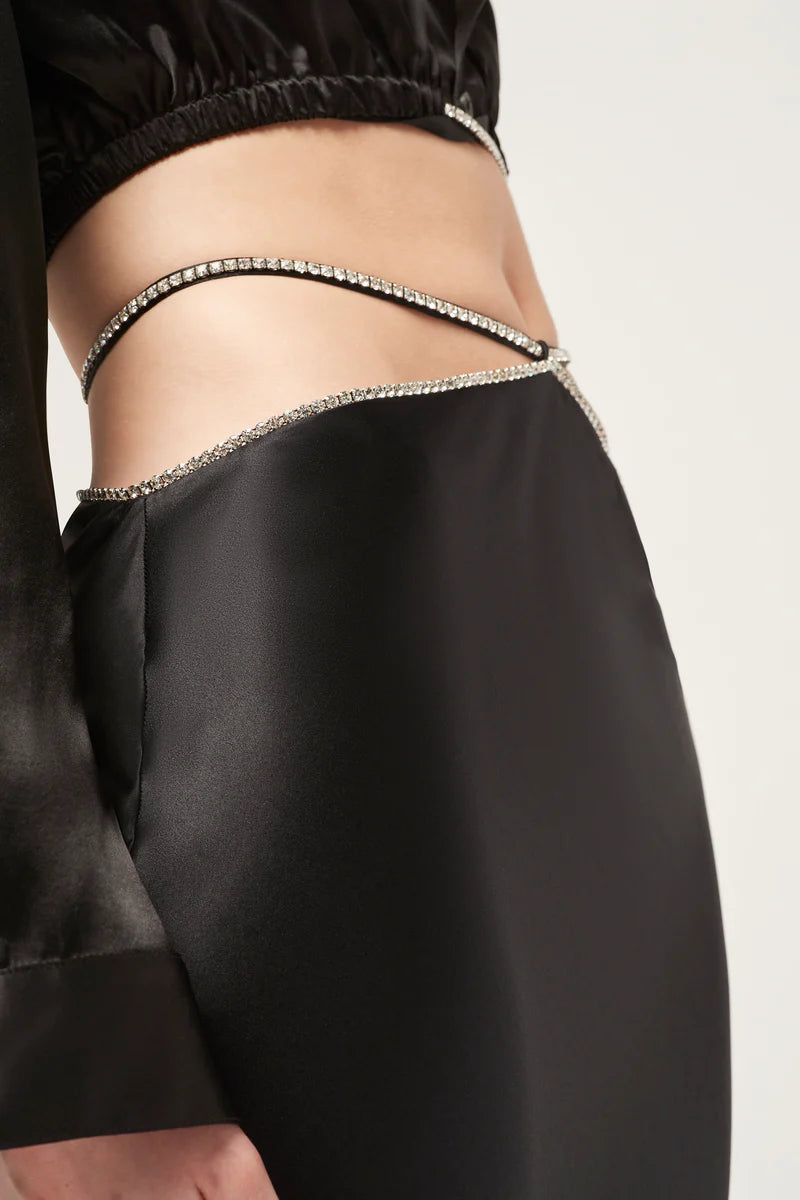 Crystalline Bias Silk Slip Skirt Black