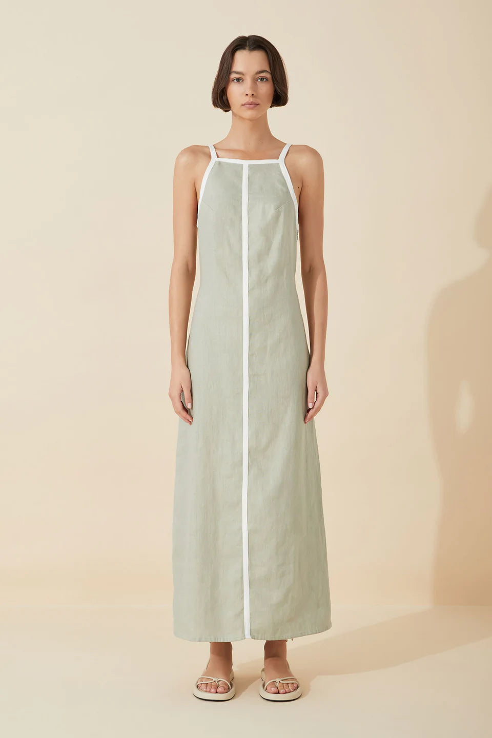 Moss Linen Contrast Bind Dress